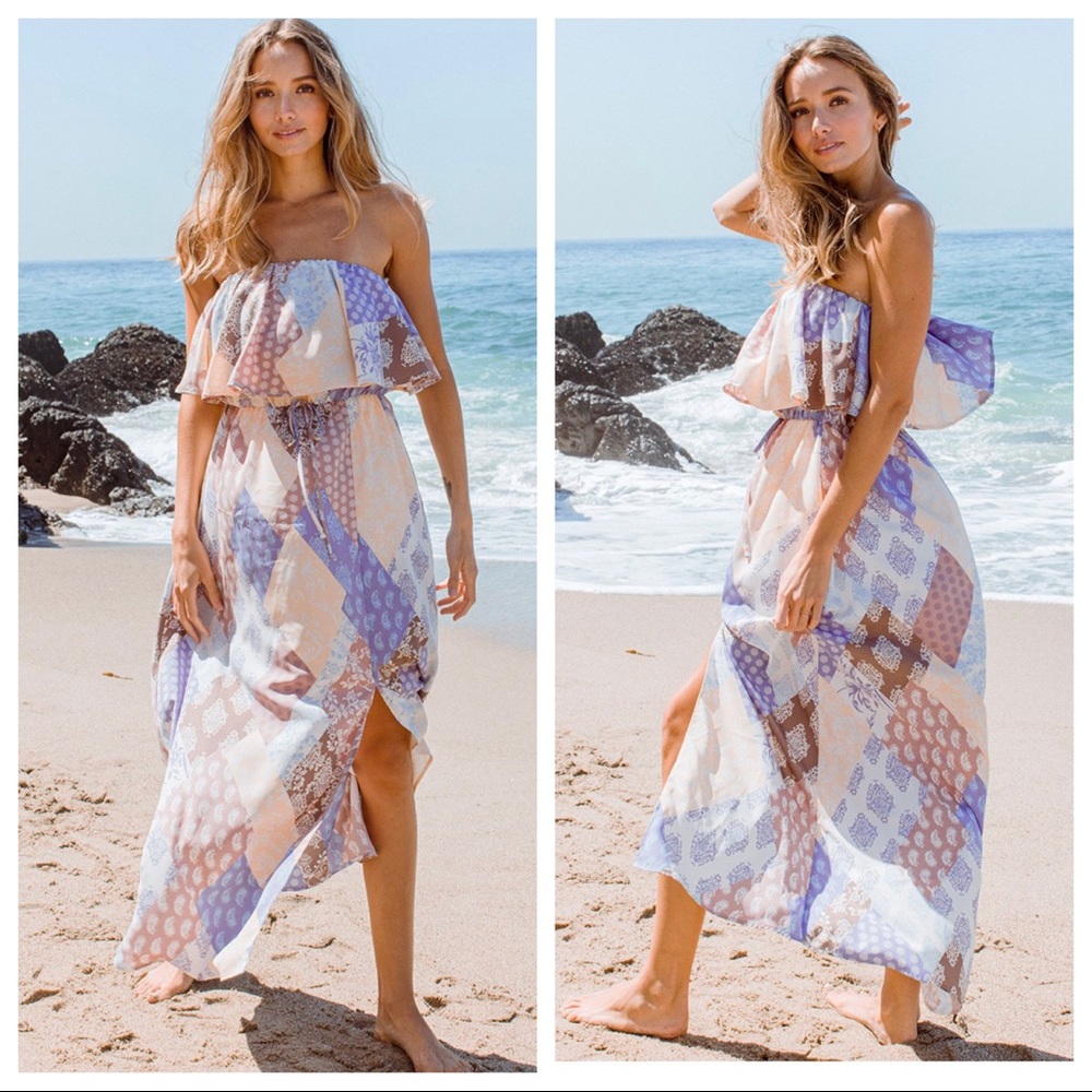 Most Fabulous Boho Strapless Floral Ruffle Dress wih slit
